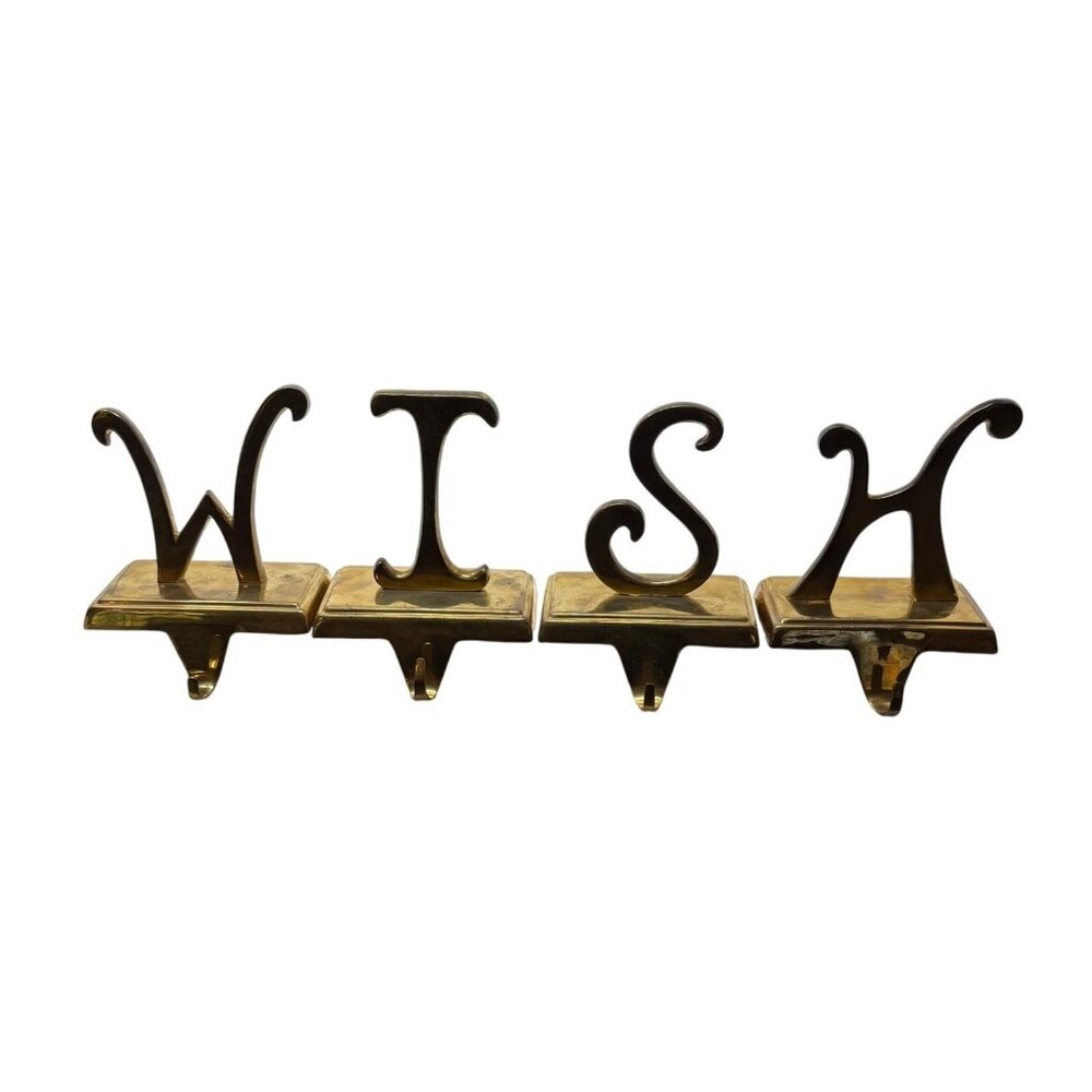 4 Vintage POTTERY BARN Christmas‎ Stocking Holders WISH Brass Gold